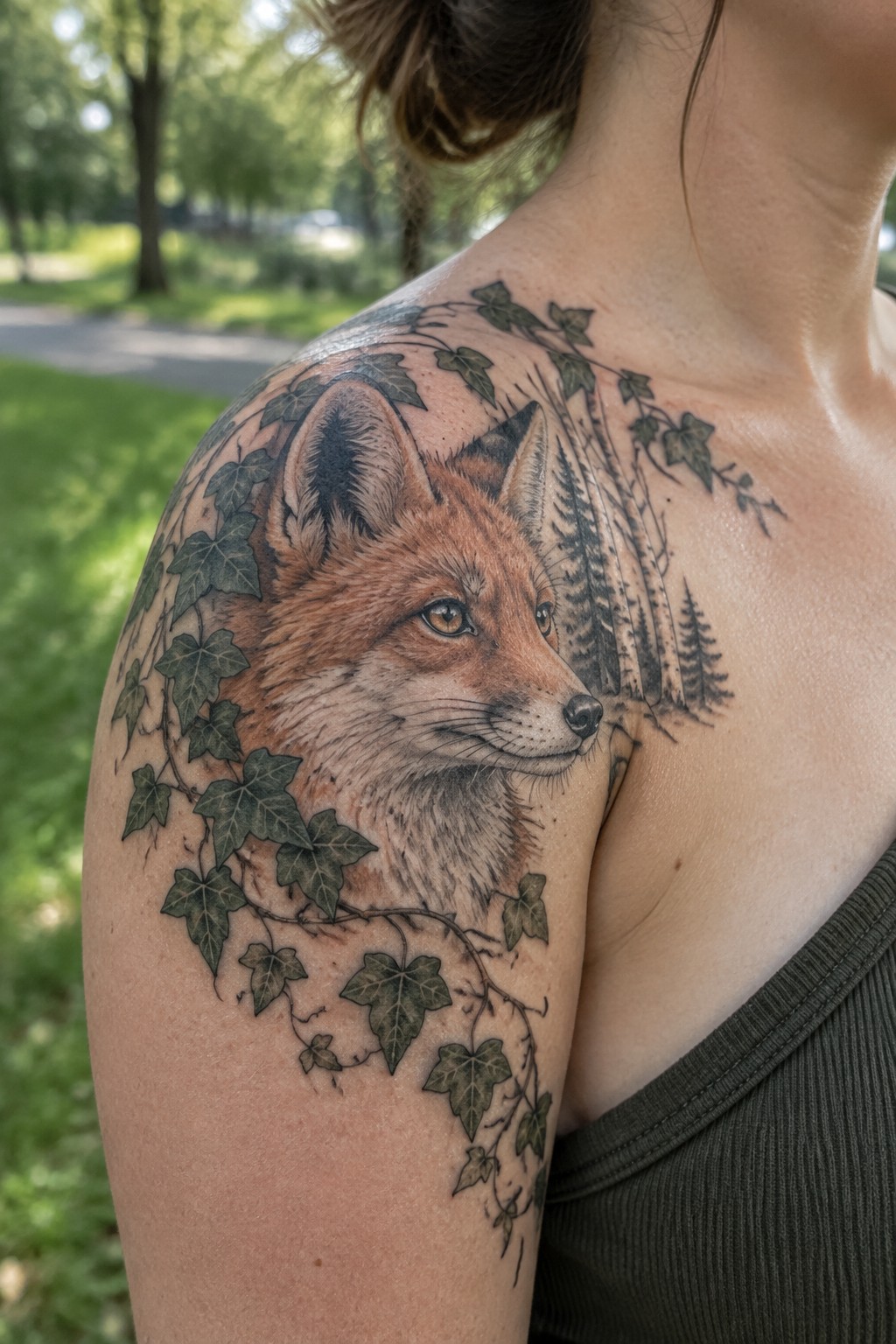 Red fox tattoo with green ivy on shoulder above olive top