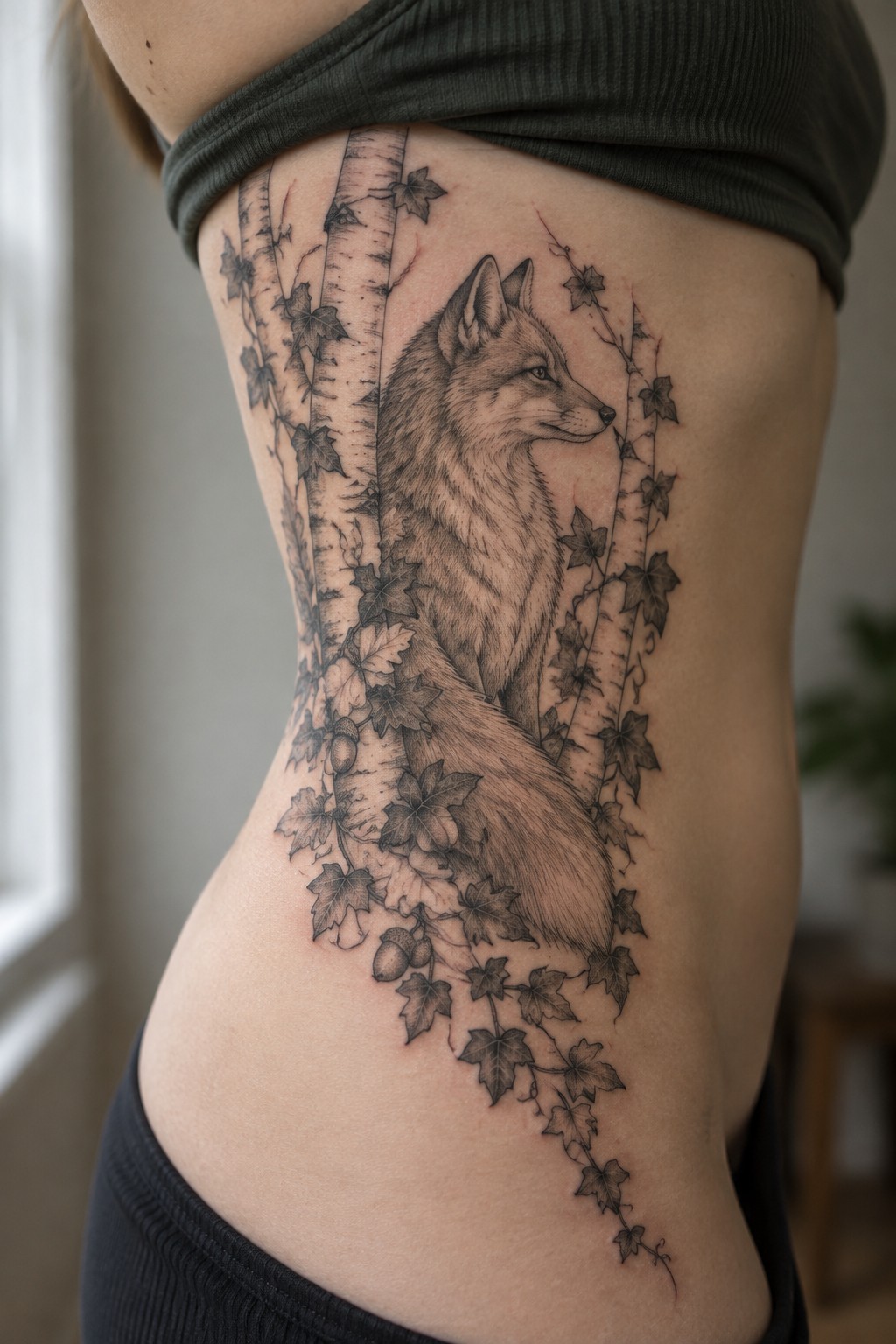 Detailed fox tattoo with birch trees and ivy on person's side