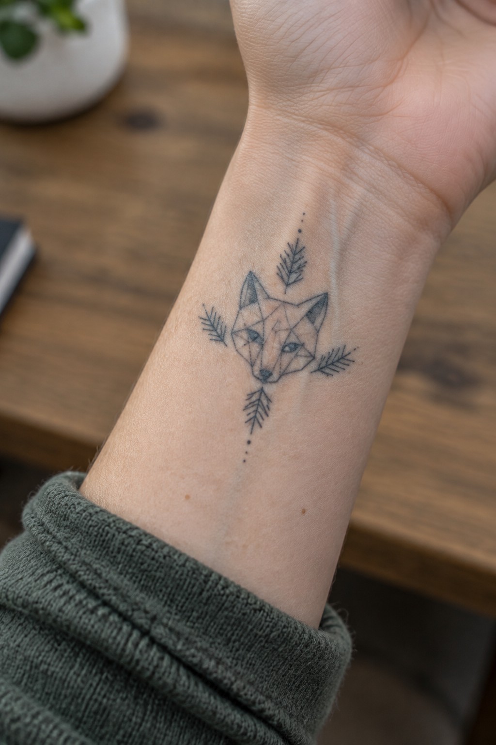 Geometric fox tattoo on wrist above green knitted cuff on wooden table