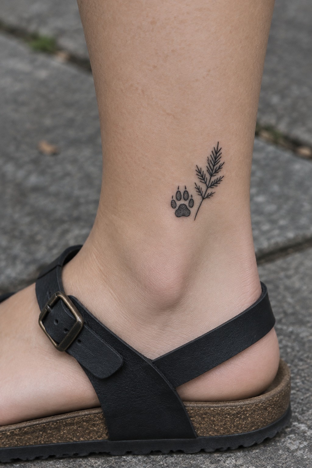 Paw print and leafy branch tattoo on ankle above black buckled sandal.