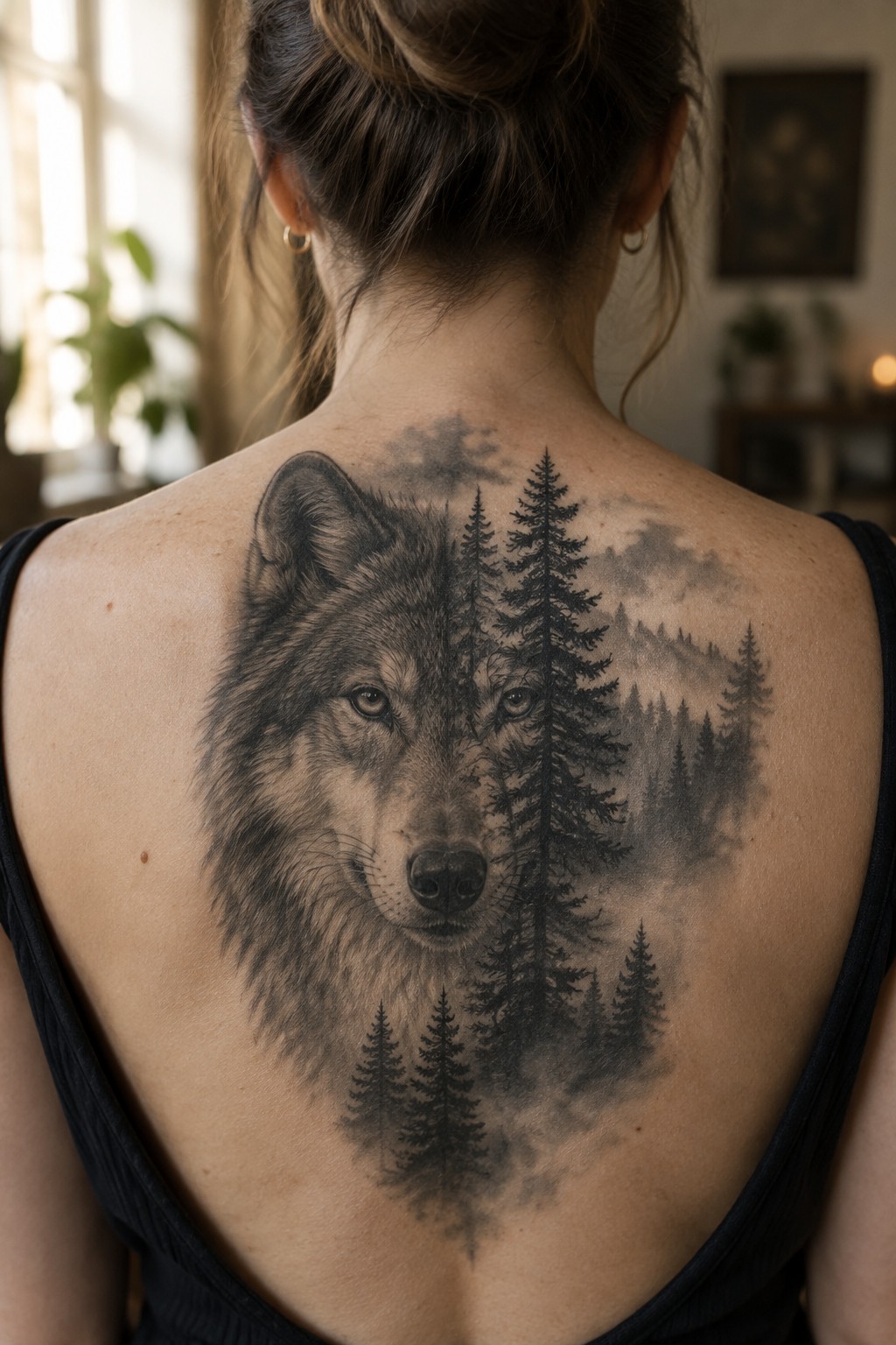 Woman's back with black tank top and large wolf-forest tattoo in black and gray.
