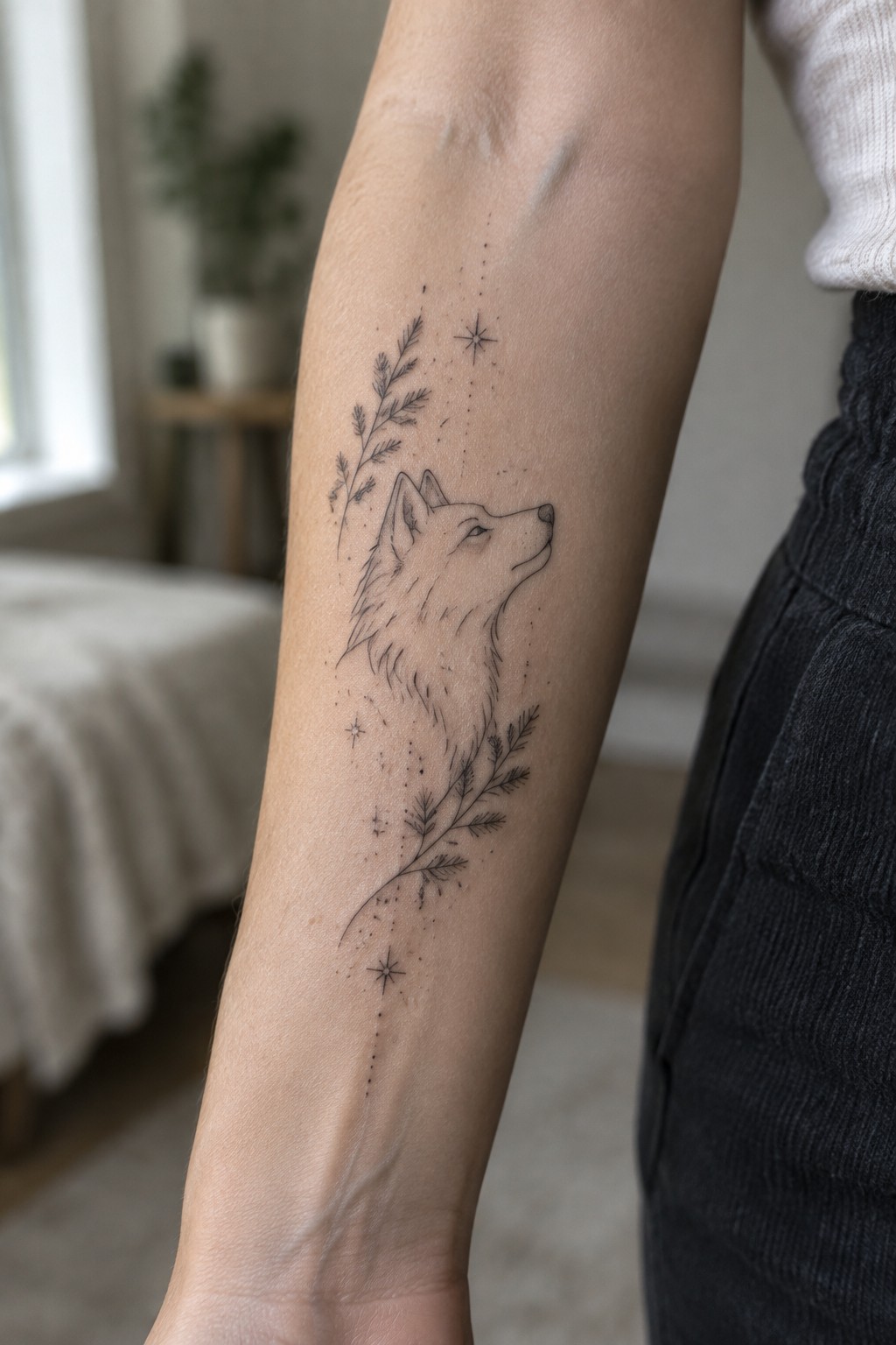 Wolf head tattoo with branches, stars and dots on person's forearm