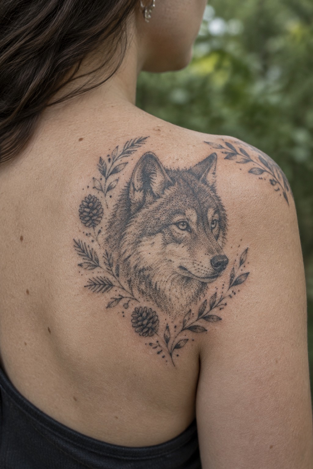 Black and grey wolf head tattoo on a woman's shoulder framed by leaves and flowers in a woodland style.