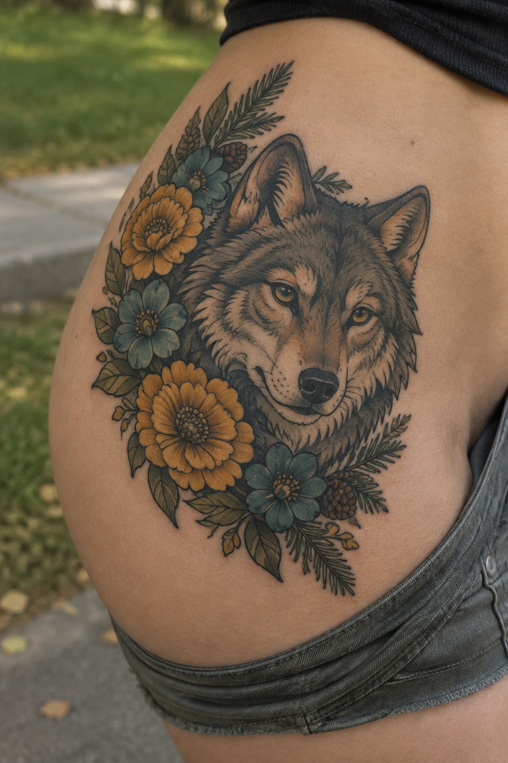 Realistic wolf head tattoo with yellow and blue flowers and pine branches on the upper thigh.