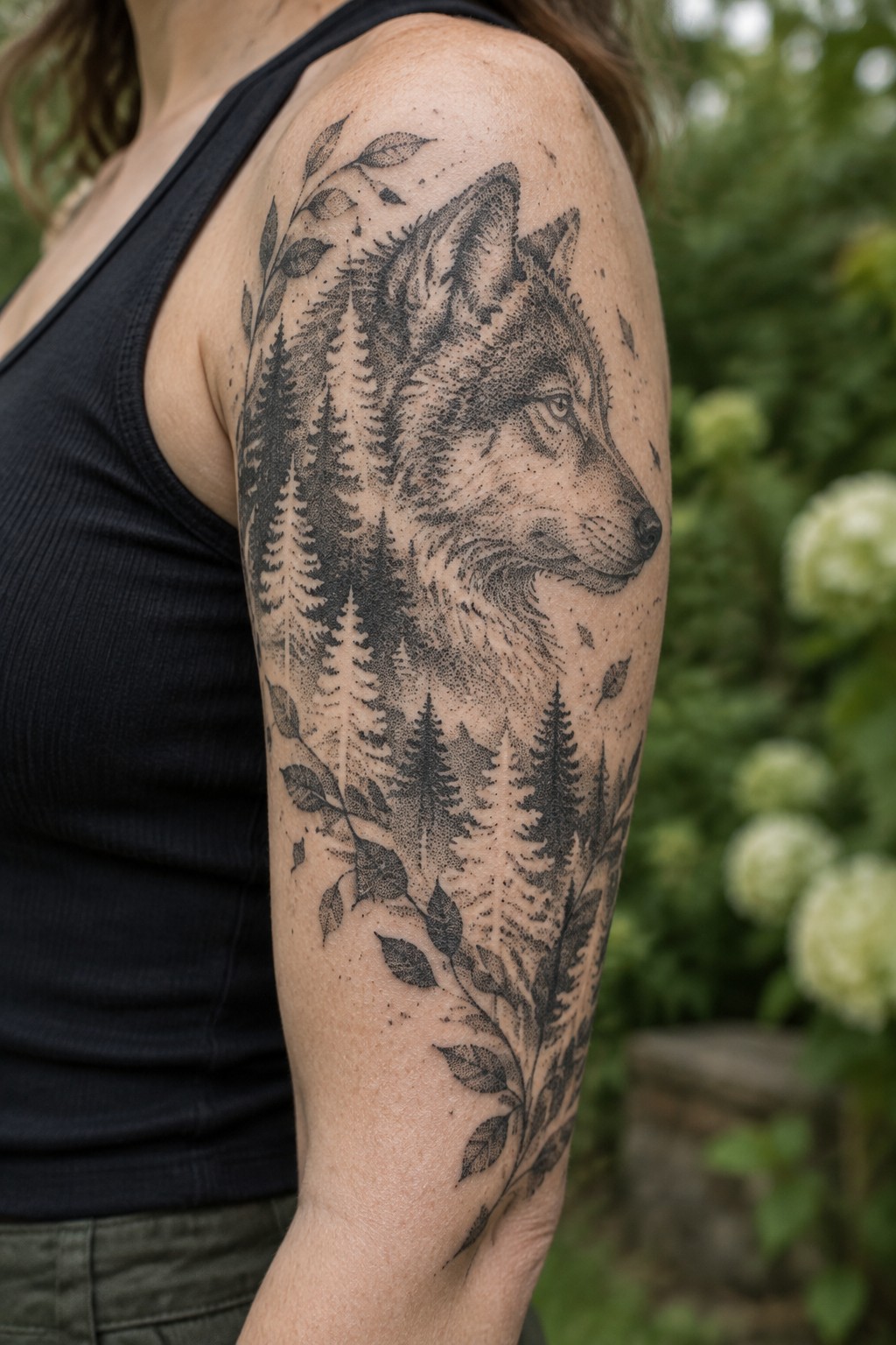 Wolf forest tattoo on upper arm above black tank top outdoors
