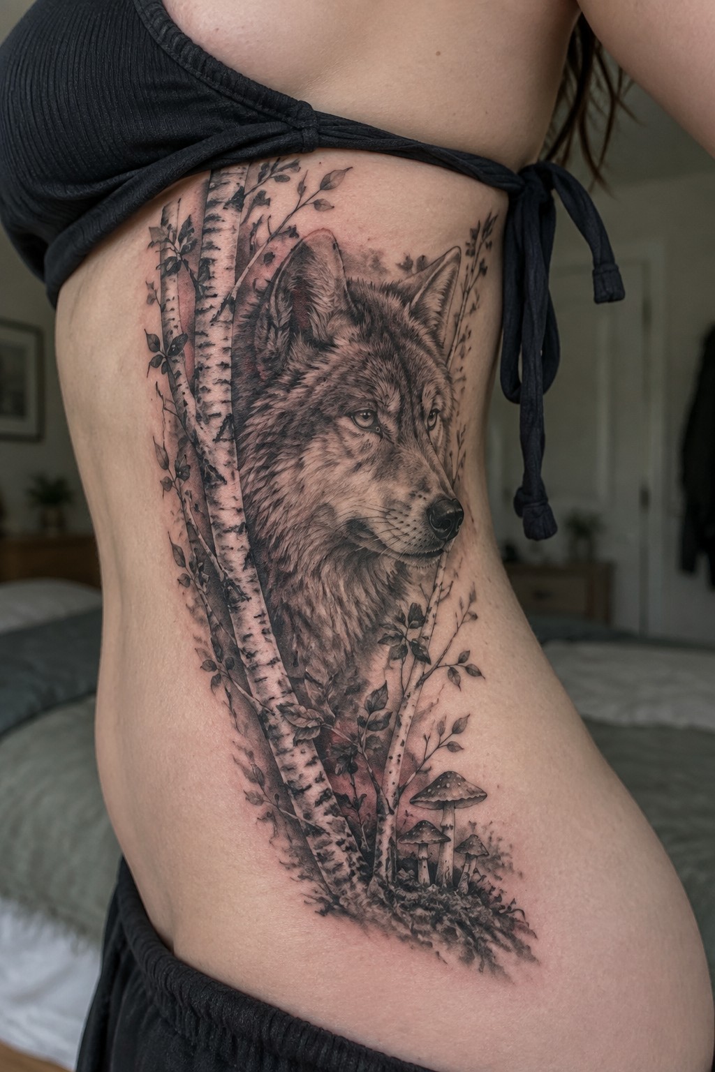 Detailed wolf tattoo with birch trees and mushrooms on person's side.