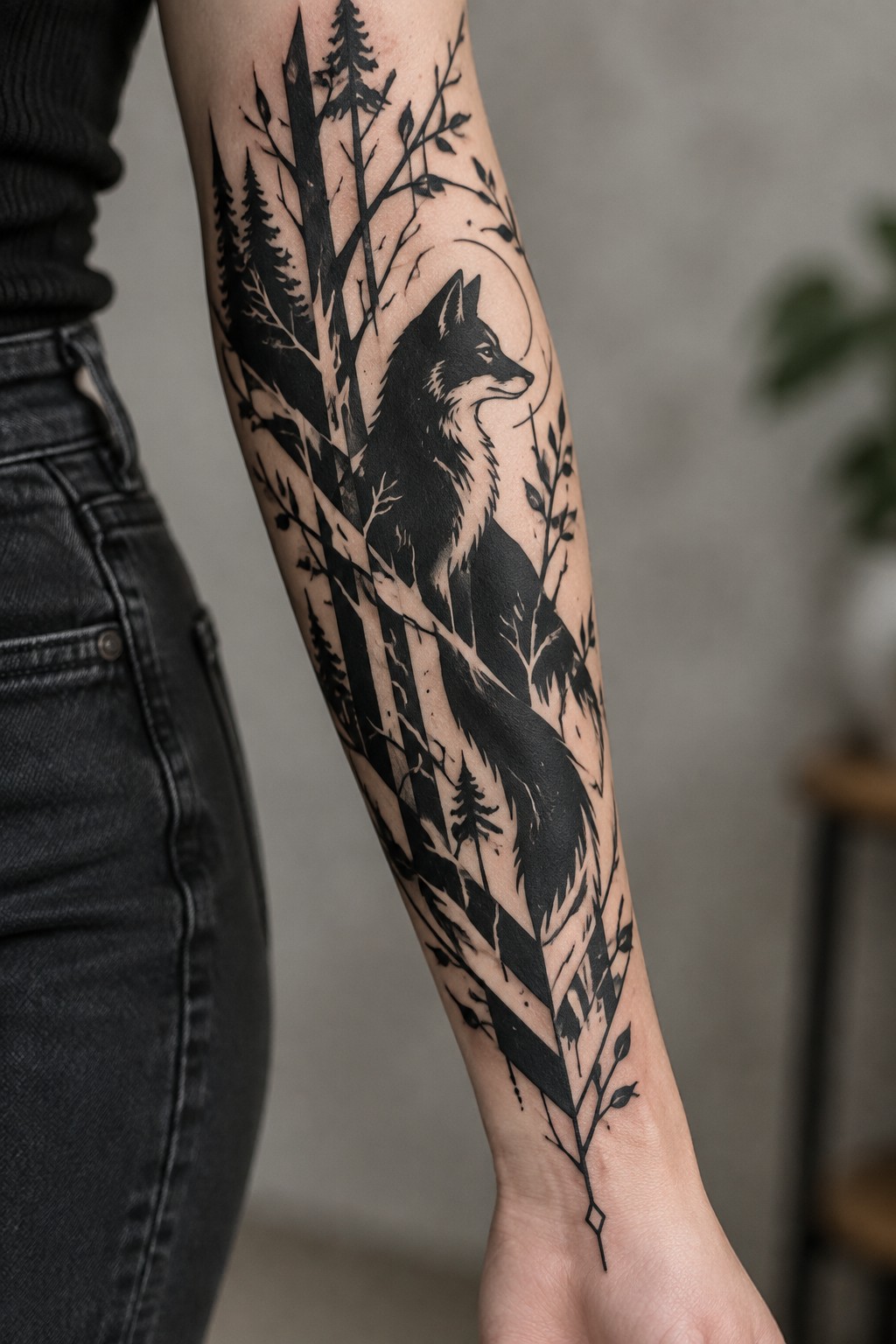 Detailed black wolf and forest tattoo on a forearm with trees and moon.