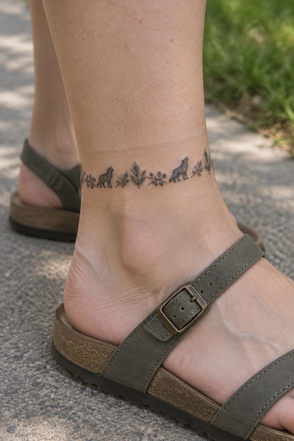Ankle tattoo with wolf silhouettes and leaves above olive green buckled sandal