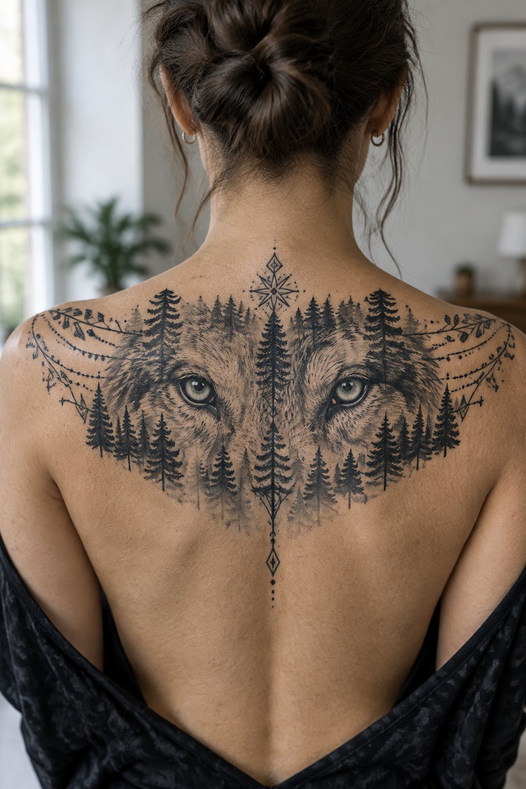 Woman's back with large wolf-forest tattoo, brown hair in bun, black top lowered