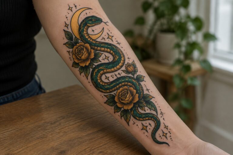Green and gold snake tattoo coiled around red roses beneath golden crescent moon and stars.