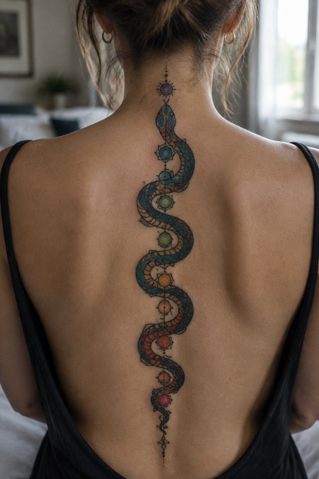 Neo traditional tattoo of a colorful snake winding down a woman's spine with the seven chakras placed along its body.