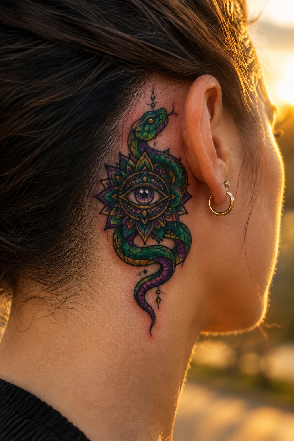 Colorful snake coiled around mandala eye tattoo behind ear at sunset