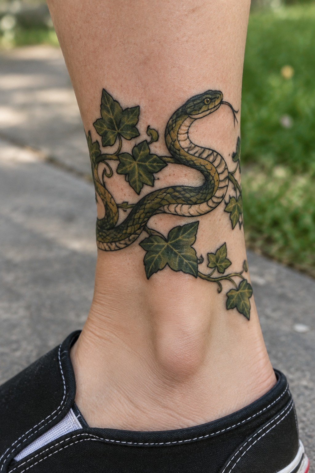 Snake and green ivy tattoo coiled around ankle above black shoe.