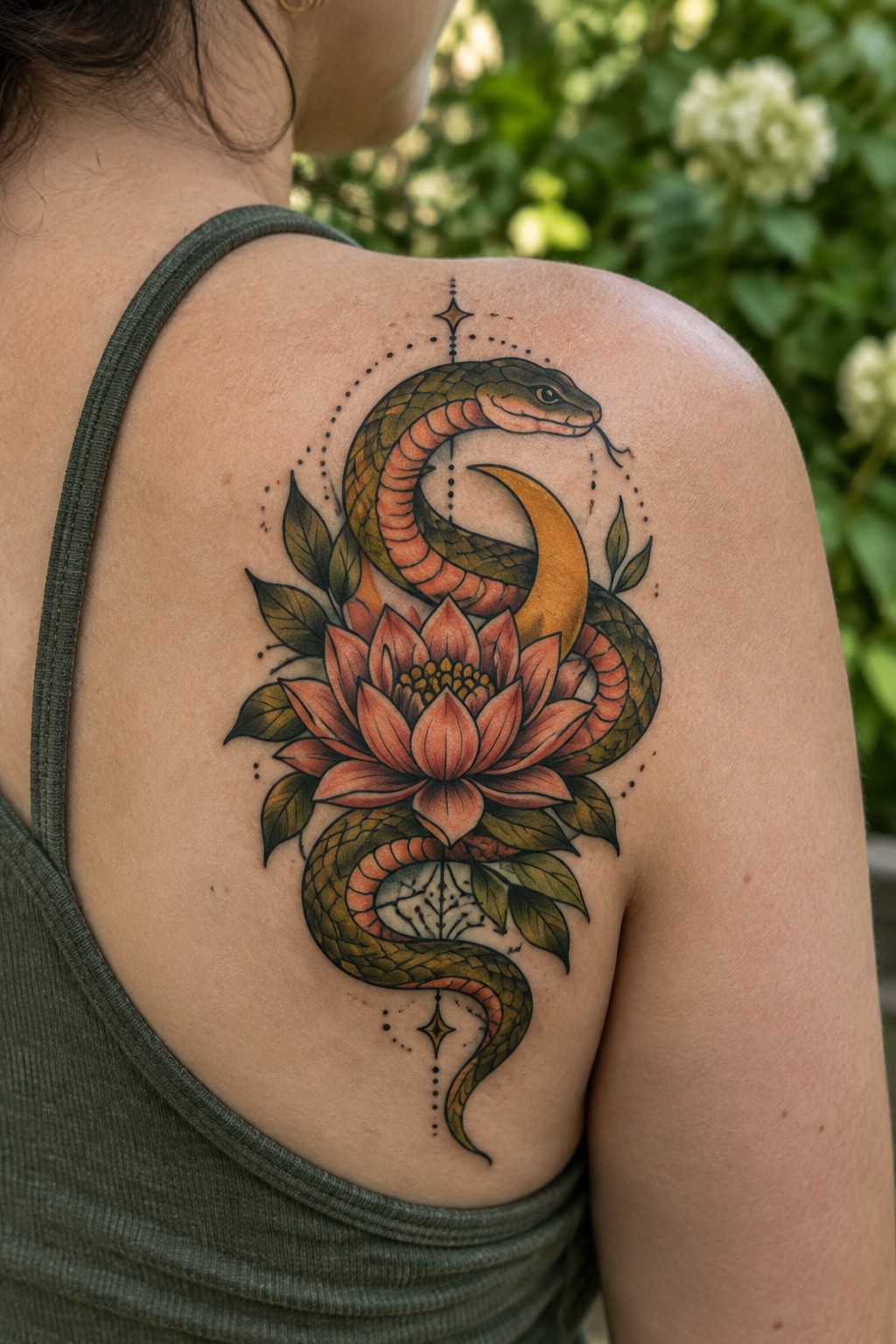 Colorful snake coiled around lotus flower with crescent moon on shoulder