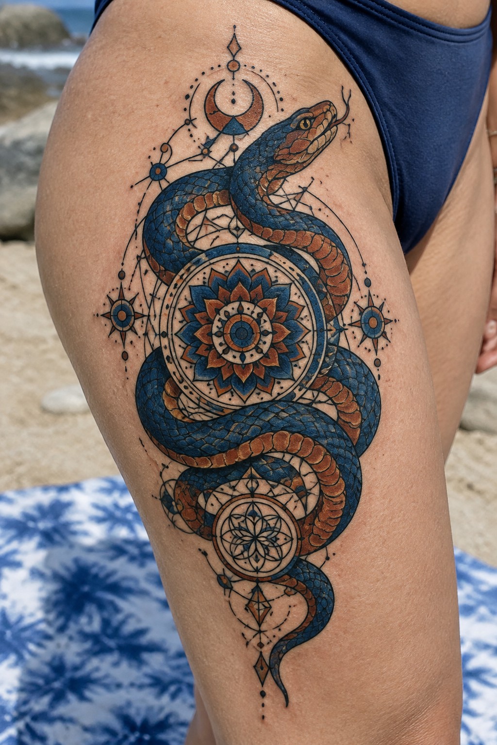 Neo-traditional snake tattoo coiled around mandalas on a thigh with celestial and geometric accents.