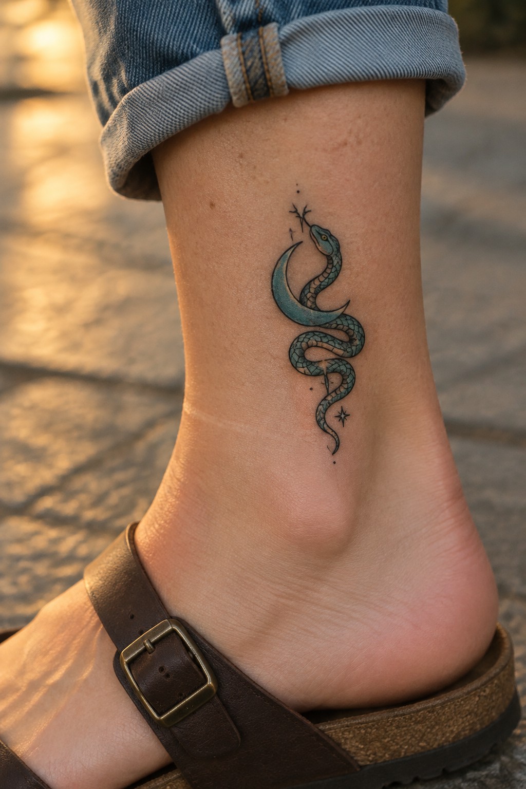 Teal snake coiled around crescent moon tattoo on ankle above brown sandal and cuffed jeans