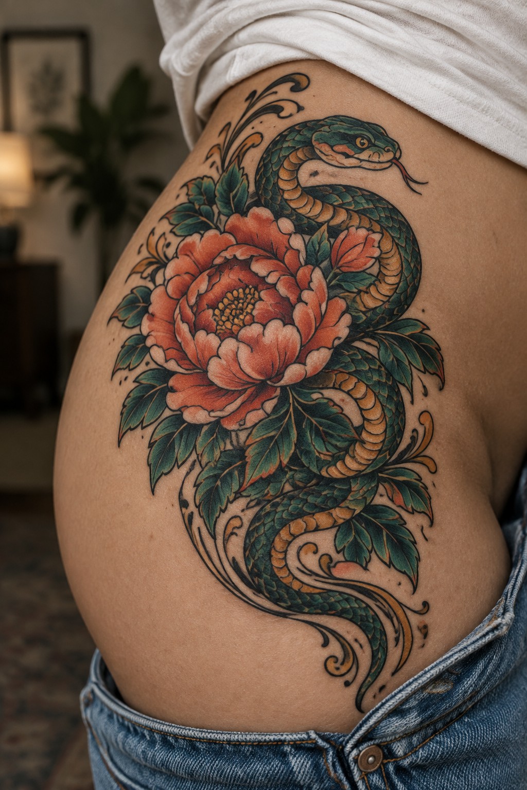 Neo traditional snake coiled around a large peony flower on a woman's hip, with bold colors and clean lines.