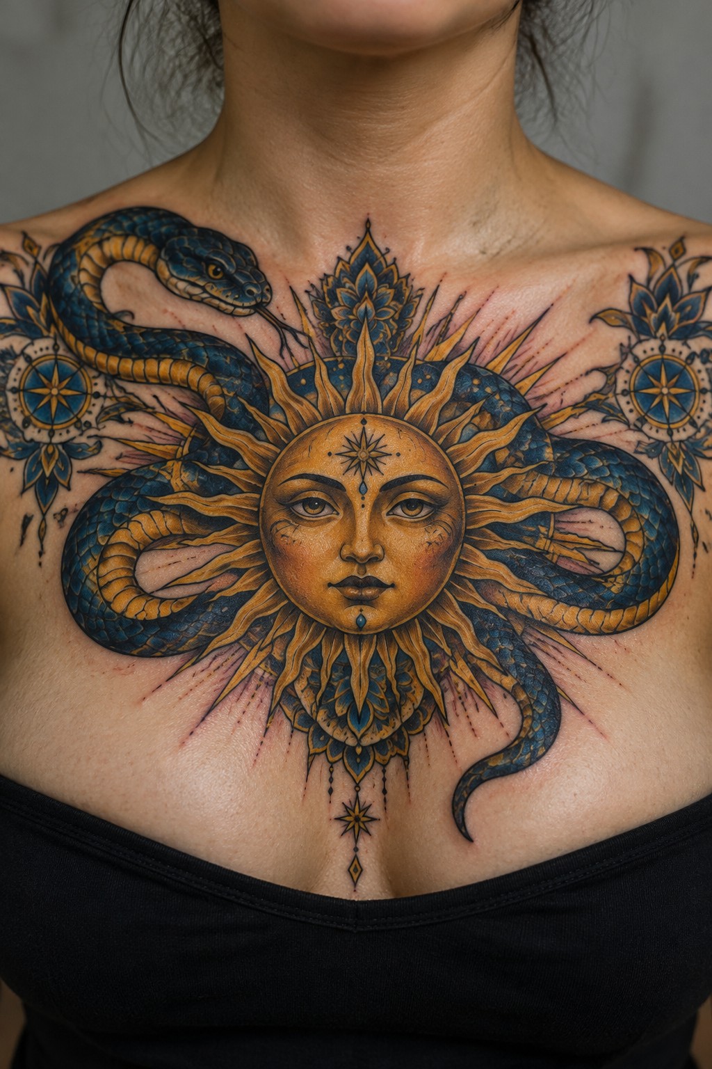 Detailed chest tattoo of sun with face encircled by blue-yellow snakes
