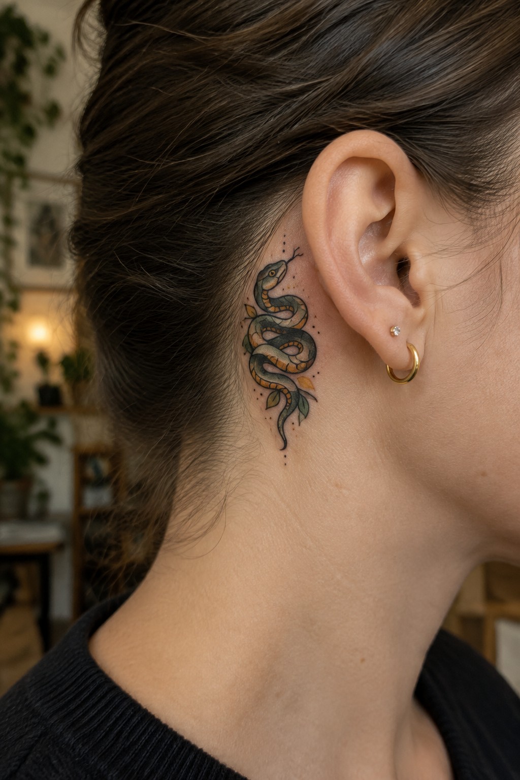 Snake tattoo behind ear on neck with gold hoop earring and dark bun.