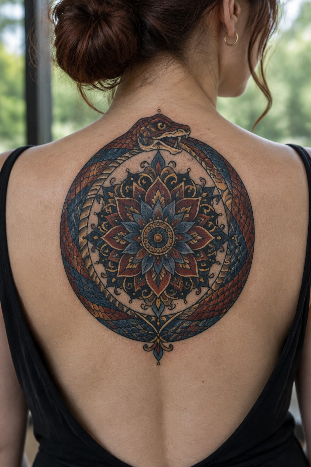 Woman's back featuring large ornate snake and mandala tattoo in red and blue.