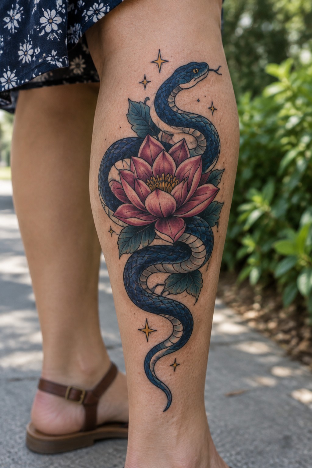 Neo-traditional tattoo of a blue snake wrapped around a pink lotus flower on the calf with small yellow stars nearby.