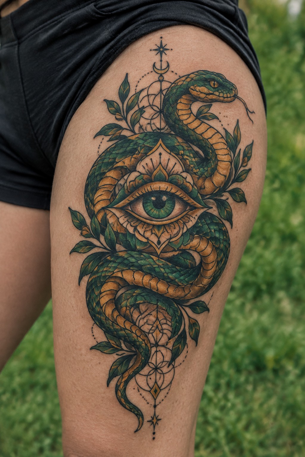 Neo-traditional tattoo of a green and orange snake coiled around a large eye on a woman's thigh with leaves and small celestial symbols.