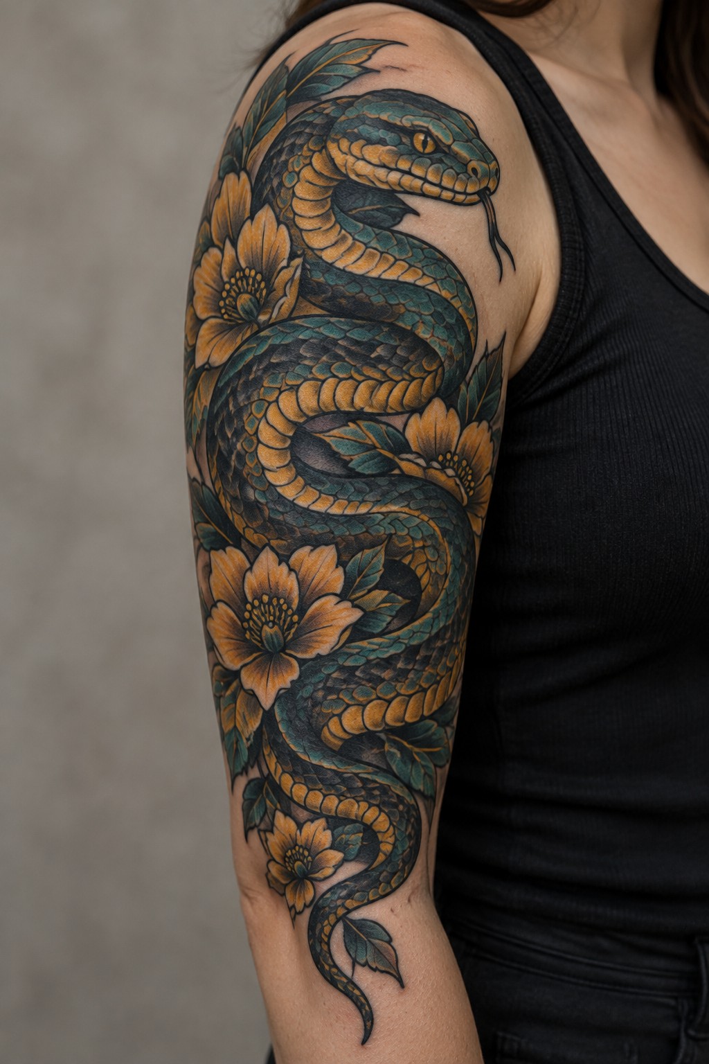 Teal-orange snake tattoo coils amid yellow flowers on arm in black tank top.
