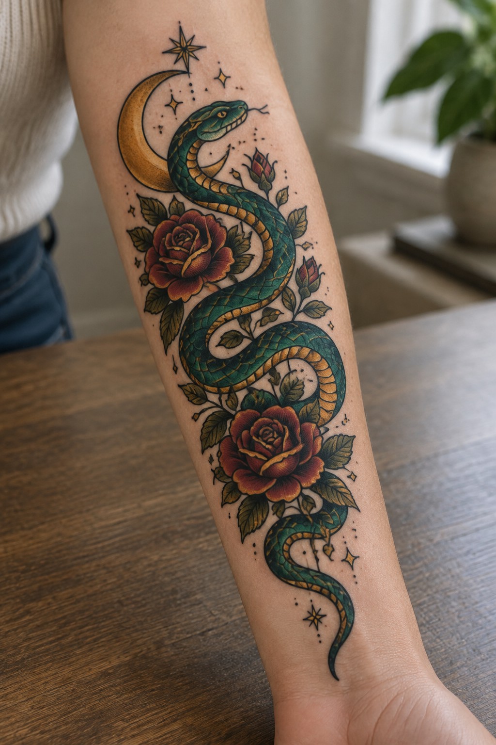 Green and gold snake tattoo coiled around red roses beneath golden crescent moon and stars.