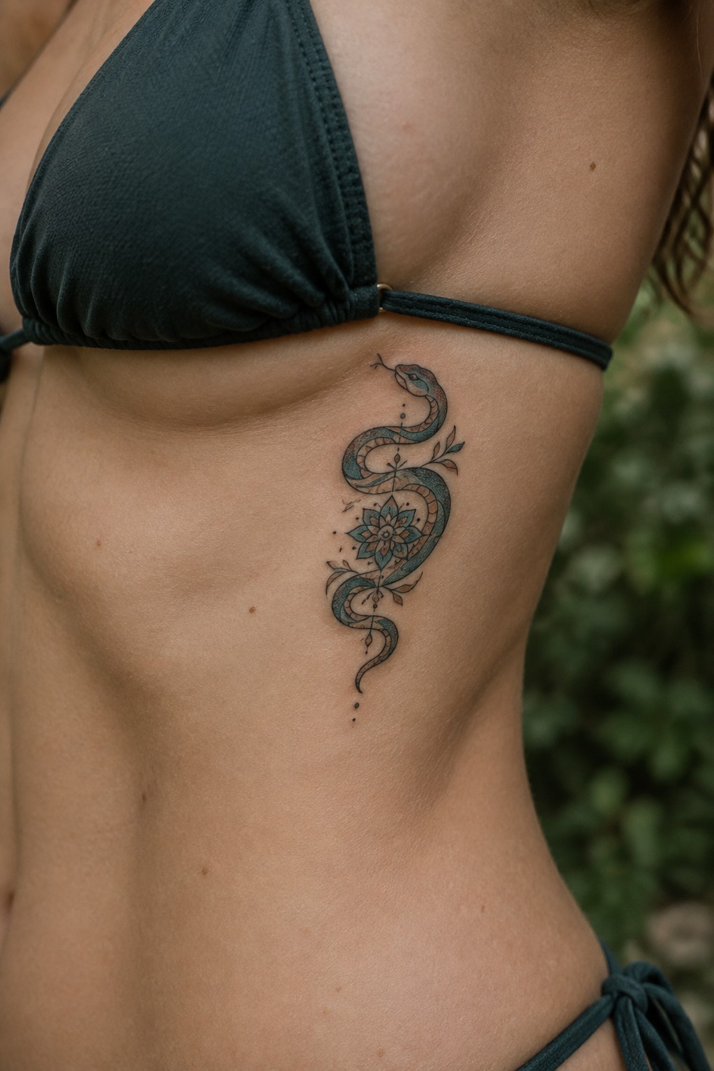 Teal snake and mandala tattoo on woman's ribcage above dark green bikini