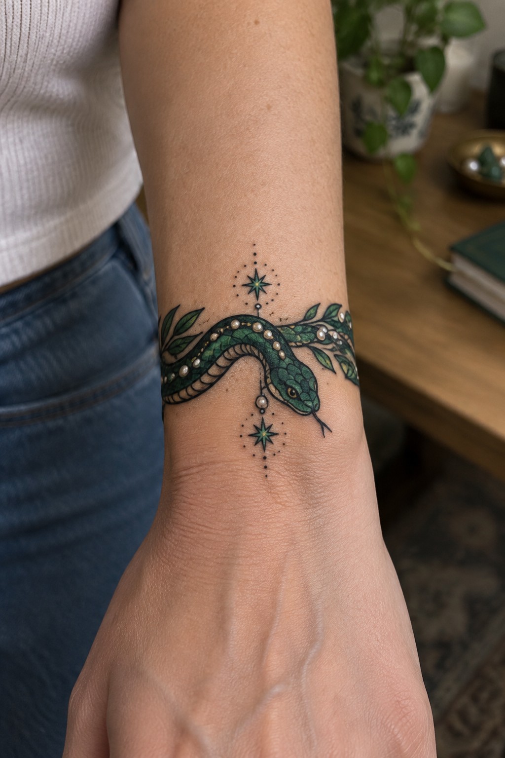 Neo-traditional green snake tattoo wrapping around the wrist with leaves, pearls, and star accents.