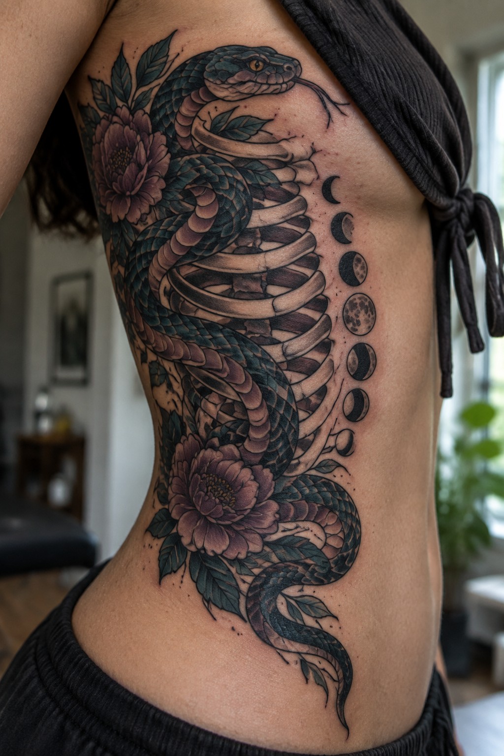 Neo-traditional snake tattoo on a woman's side torso wrapping around the ribs with peonies and moon phases
