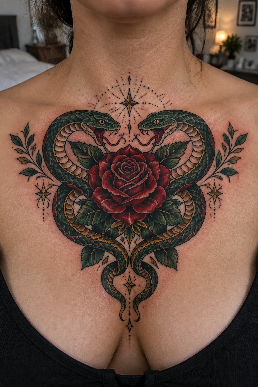 Chest tattoo of two green snakes coiled around red rose with leaves and stars.