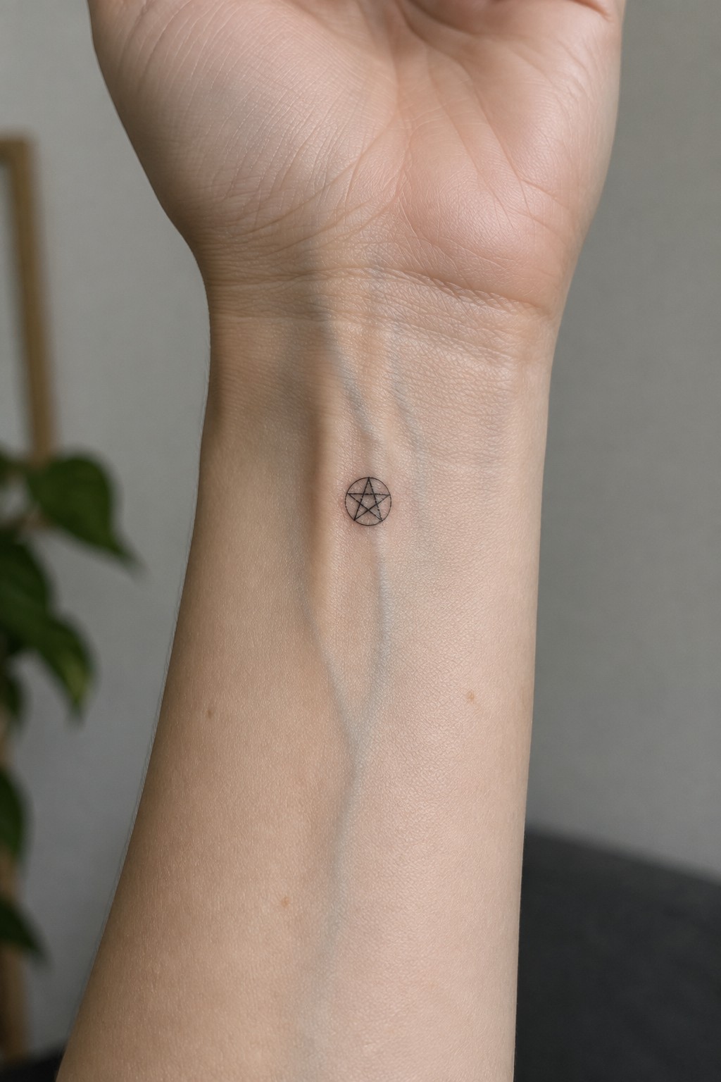 Small pentagram tattoo on inner wrist of raised light-skinned hand
