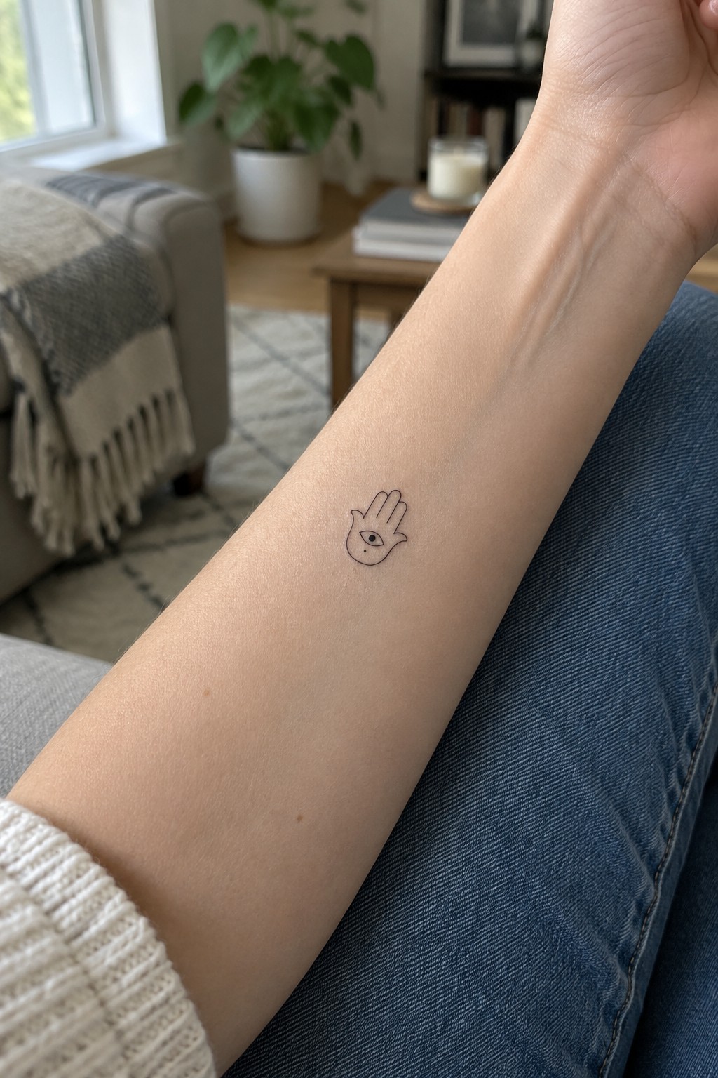 Arm with small hamsa eye tattoo on blue jeans, white sweater cuff visible.