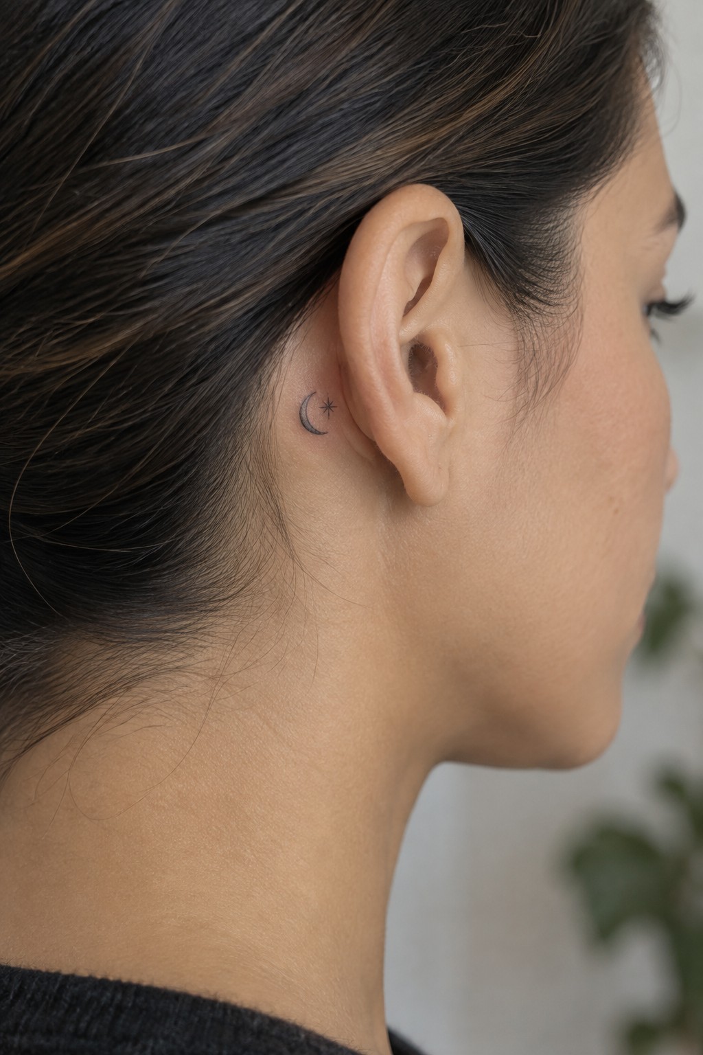 Dark-haired woman with small black crescent moon and star tattoo behind ear