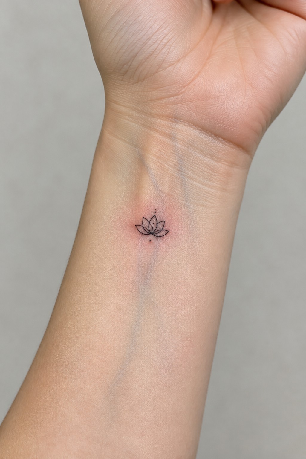 Small lotus tattoo on inner wrist with red irritation around it