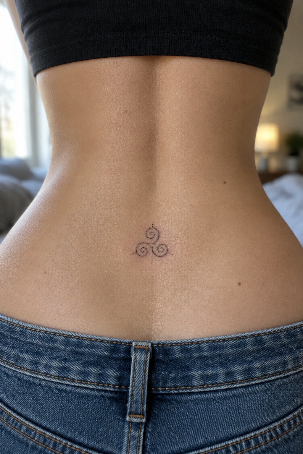Small triskelion tattoo centered on the lower back above the waistband of blue jeans.