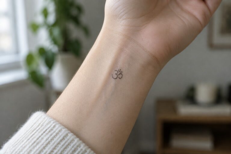 21 Minimalist Spiritual Tattoos for Women Using Tiny Sacred Symbols Om symbol tattoo on wrist above cream knitted sweater cuff