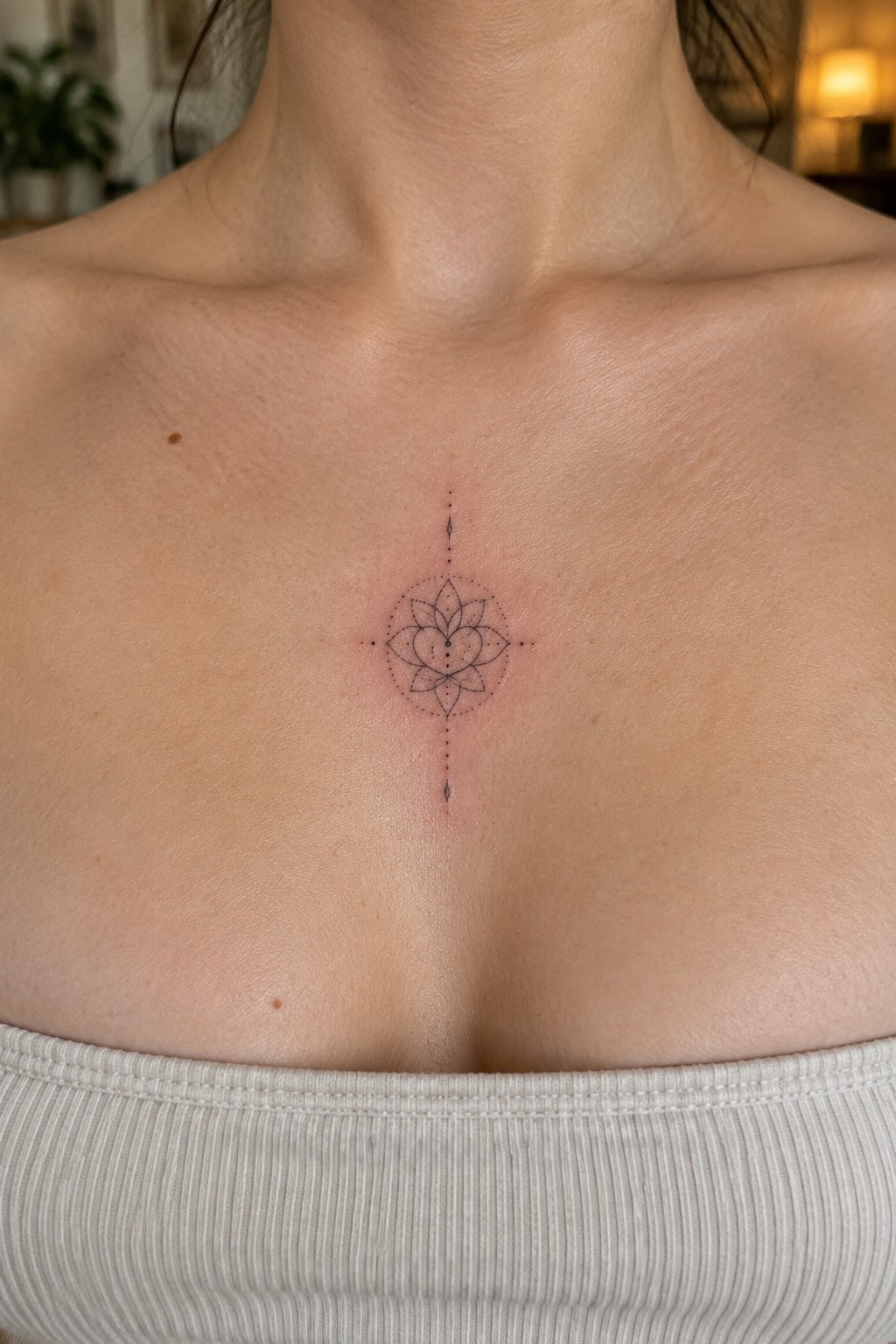 Fine line lotus mandala tattoo centered on a woman's chest with a vertical dotted line extending above and below.