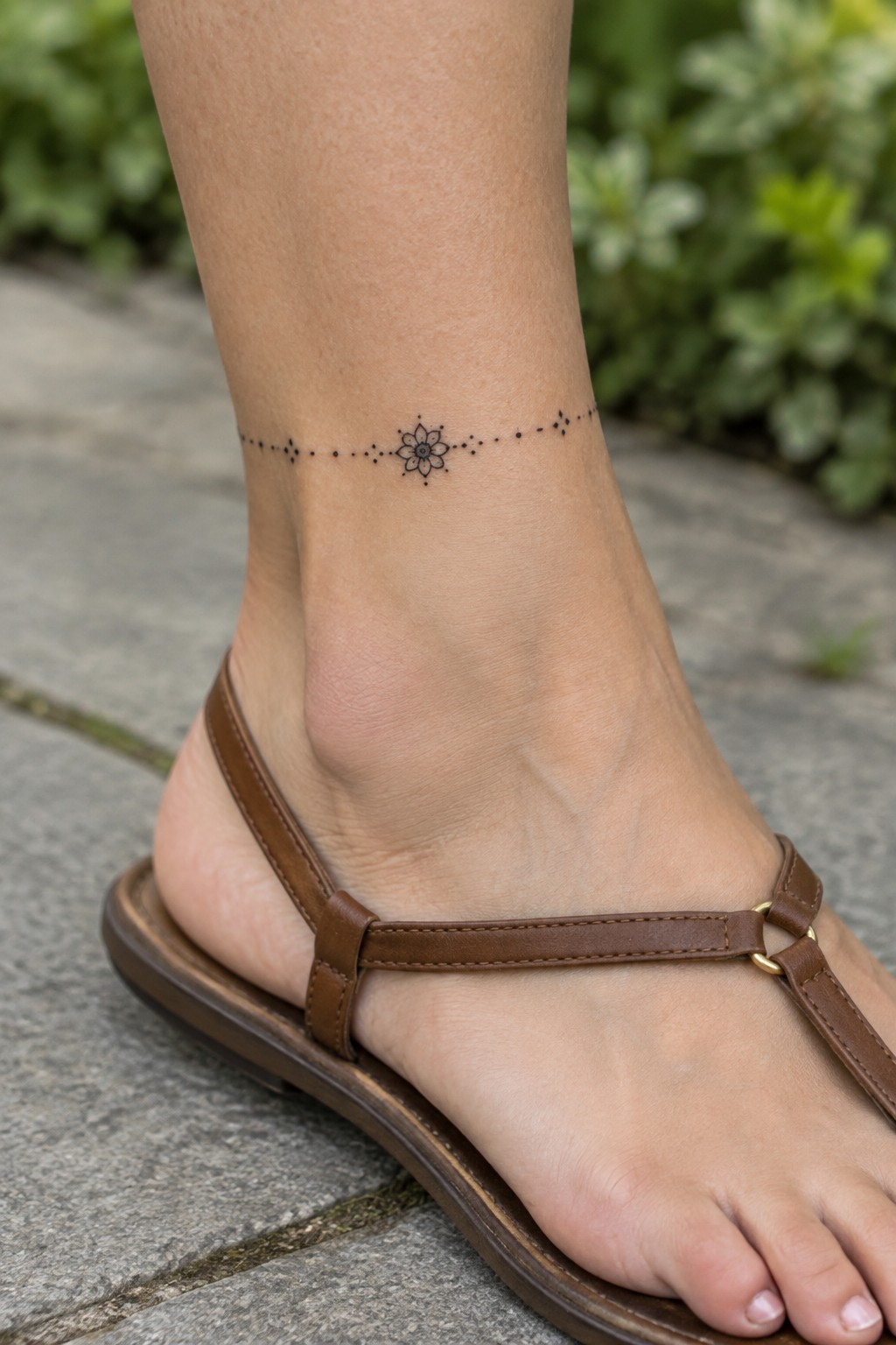 Ankle with black flower tattoo and dotted lines above brown leather sandal