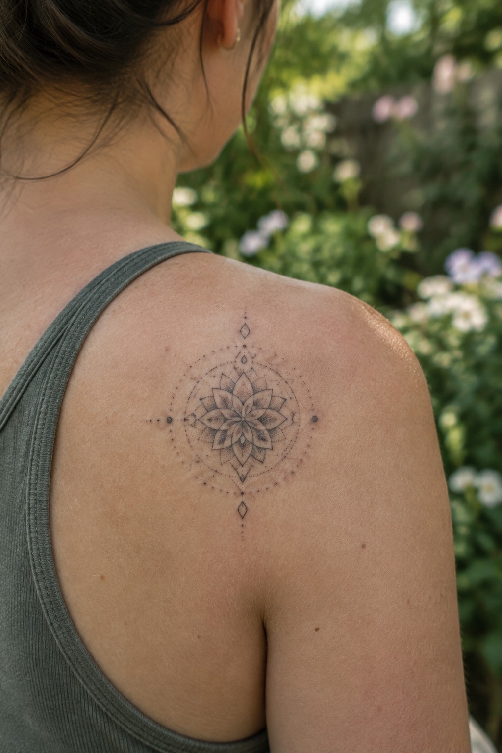 Woman with a small fine line lotus mandala tattoo centered on her shoulder