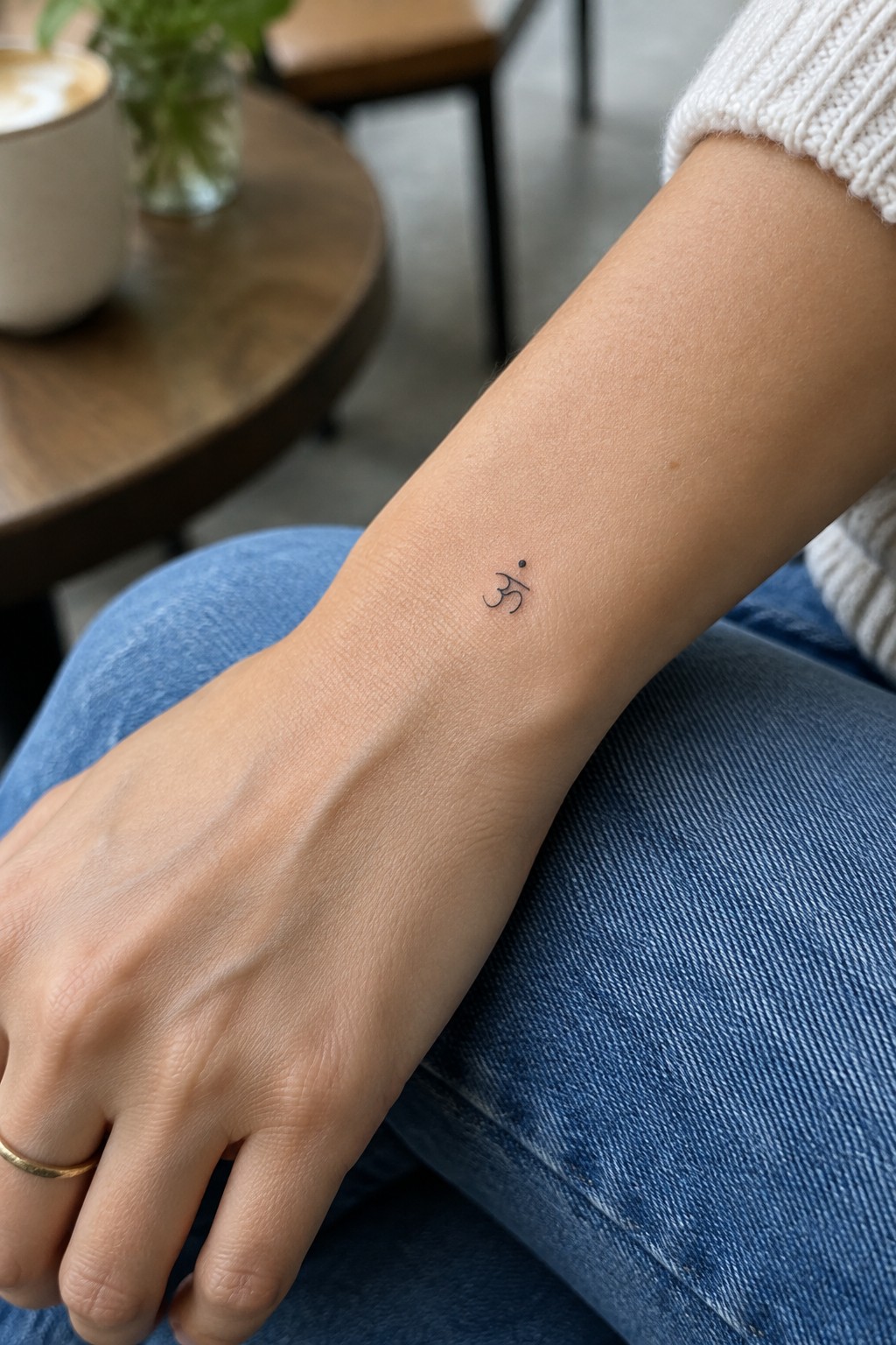 Small Om tattoo on wrist above blue jeans and white sweater