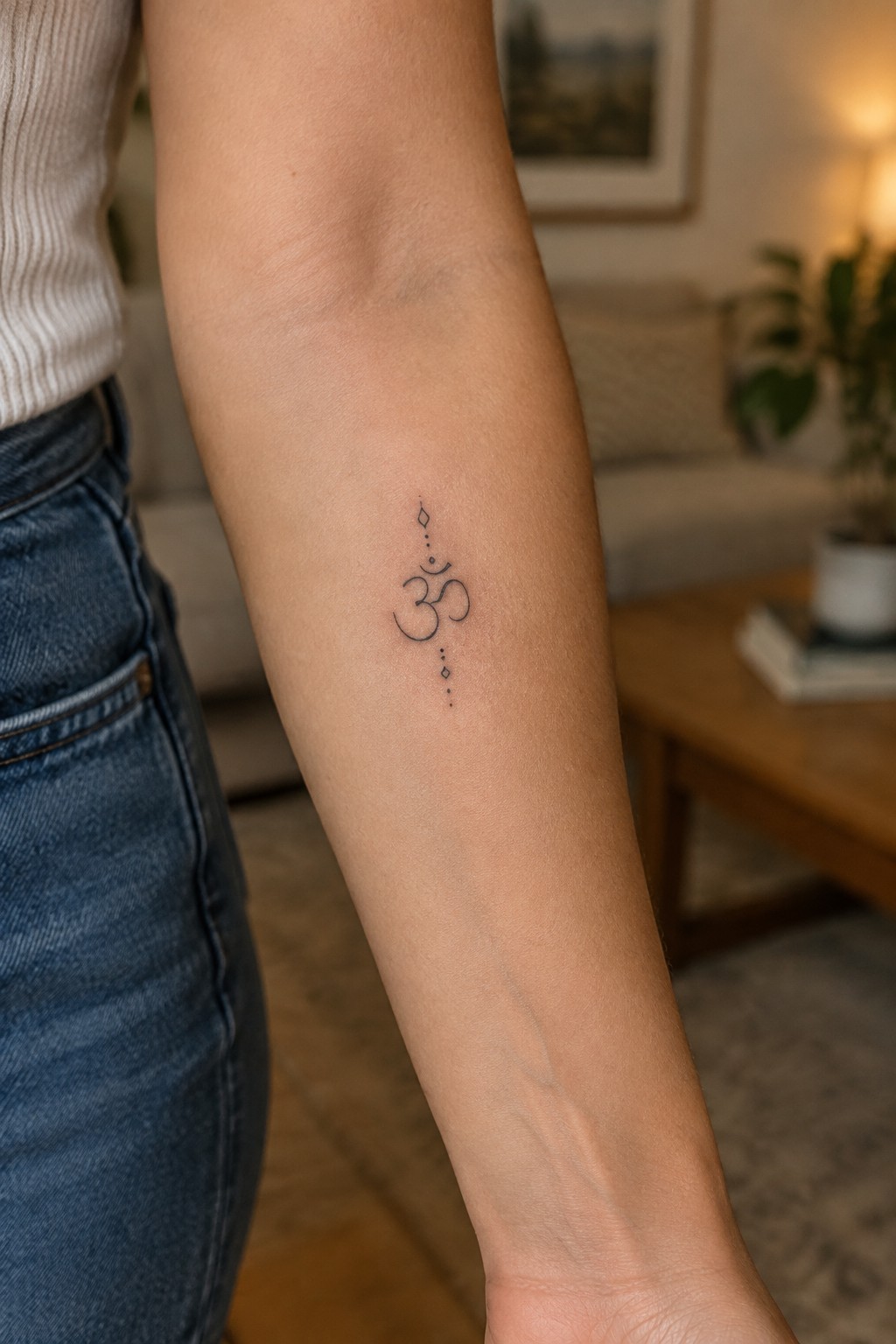 Person's forearm with Om tattoo, wearing white top and blue jeans in living room.