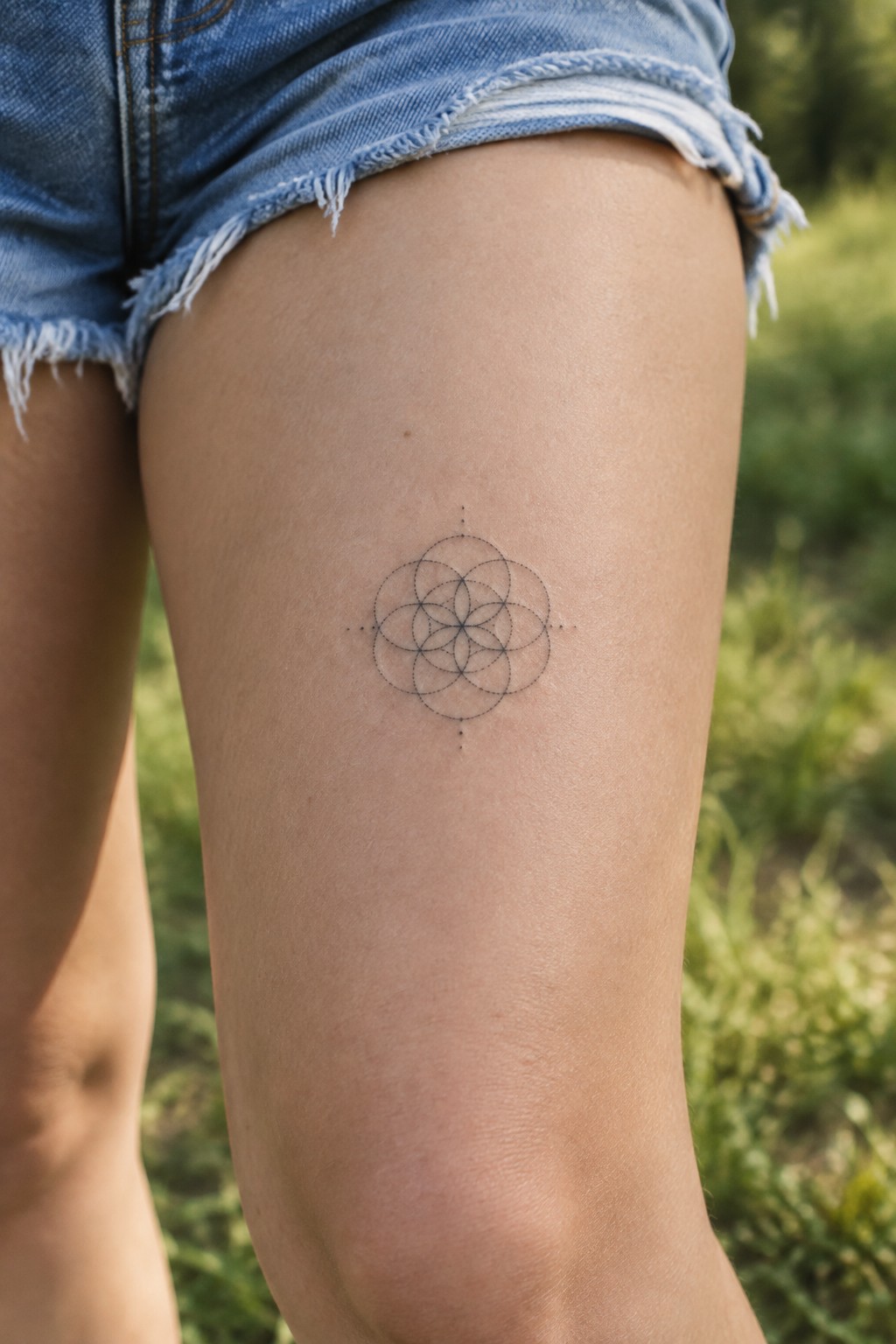 Geometric overlapping circles tattoo on thigh under frayed blue denim shorts