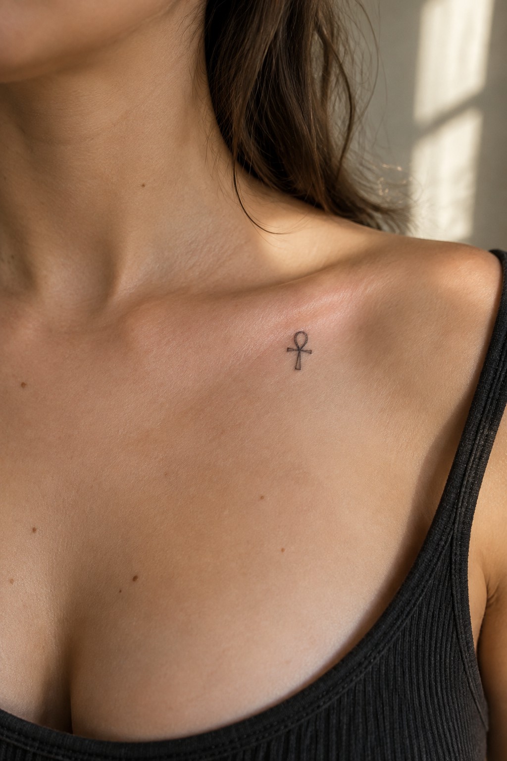 Woman's collarbone with small black Ankh tattoo above black ribbed tank top