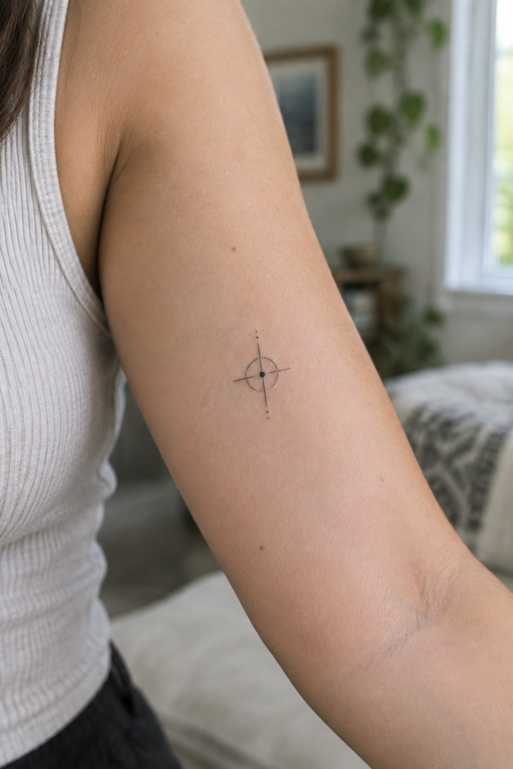 Small black crosshair tattoo on upper arm in white ribbed tank top