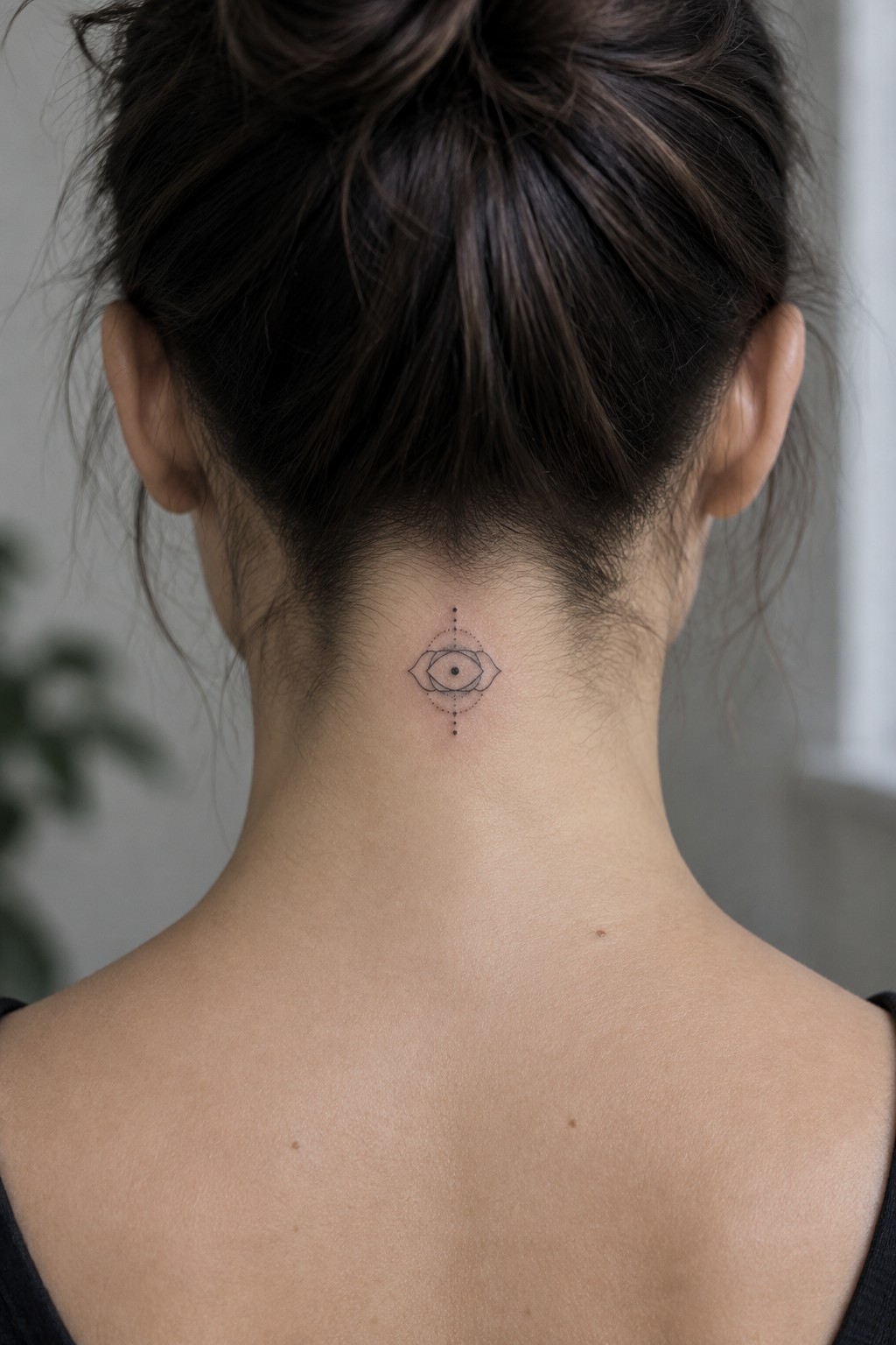 Minimalist eye tattoo on woman's neck below dark hair in messy bun