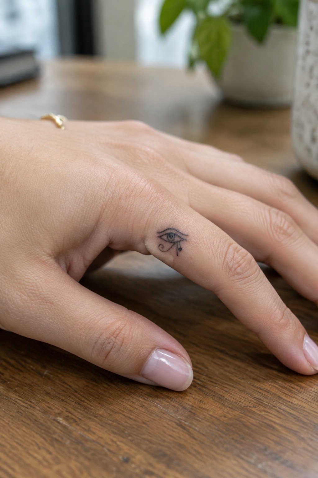 Hand with eye tattoo on ring finger and gold ring on wooden table