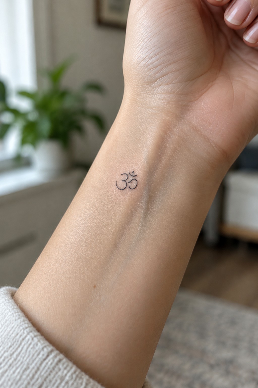 Om symbol tattoo on wrist above cream knitted sweater cuff
