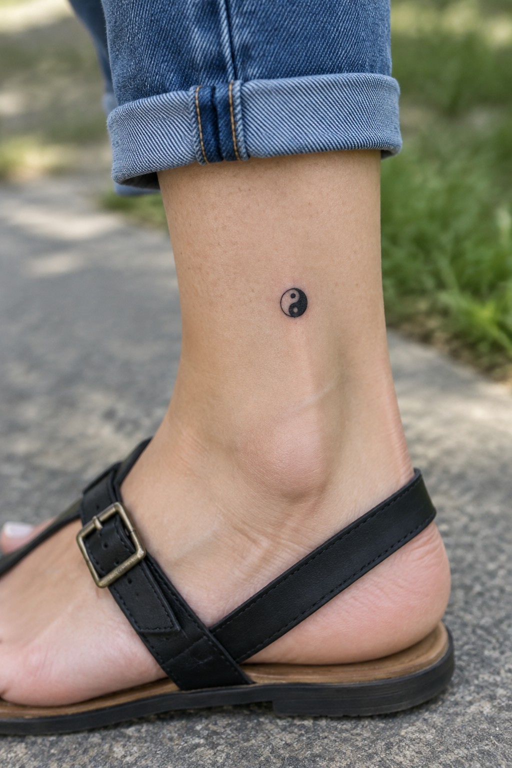 Small yin-yang tattoo on ankle above black sandal and cuffed blue jeans